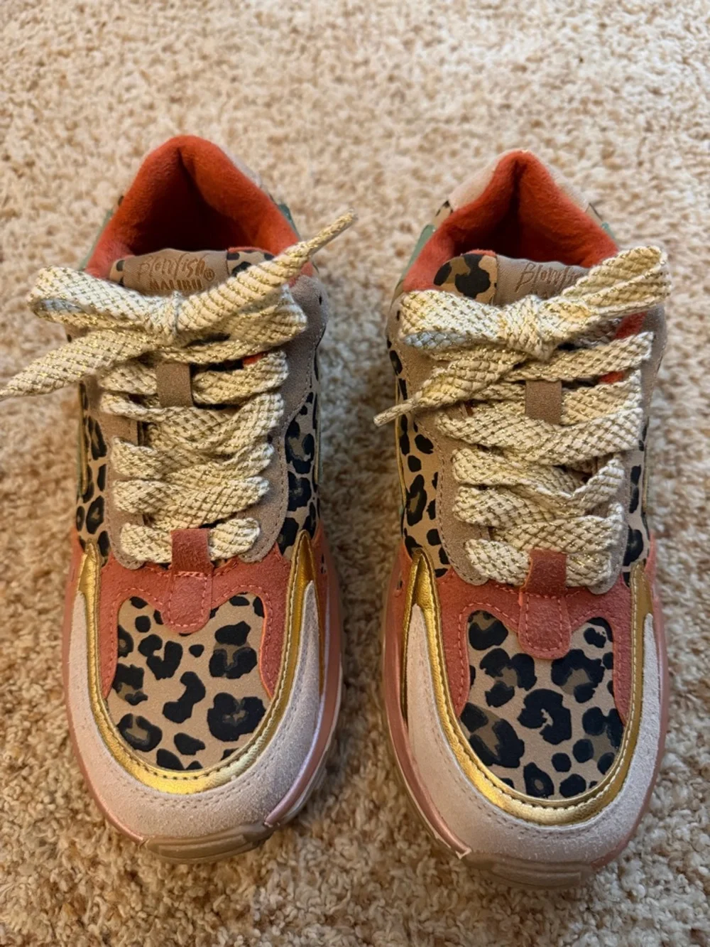 Chunky Leopard Print Women's Sneakers in Coral and Gold. Super cute
